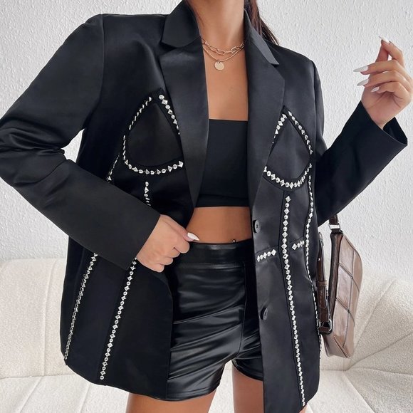 MODA ME COUTURE Jackets & Blazers - Trendy Contemporary Studded Detail Dual Pocket Satin Blazer Black